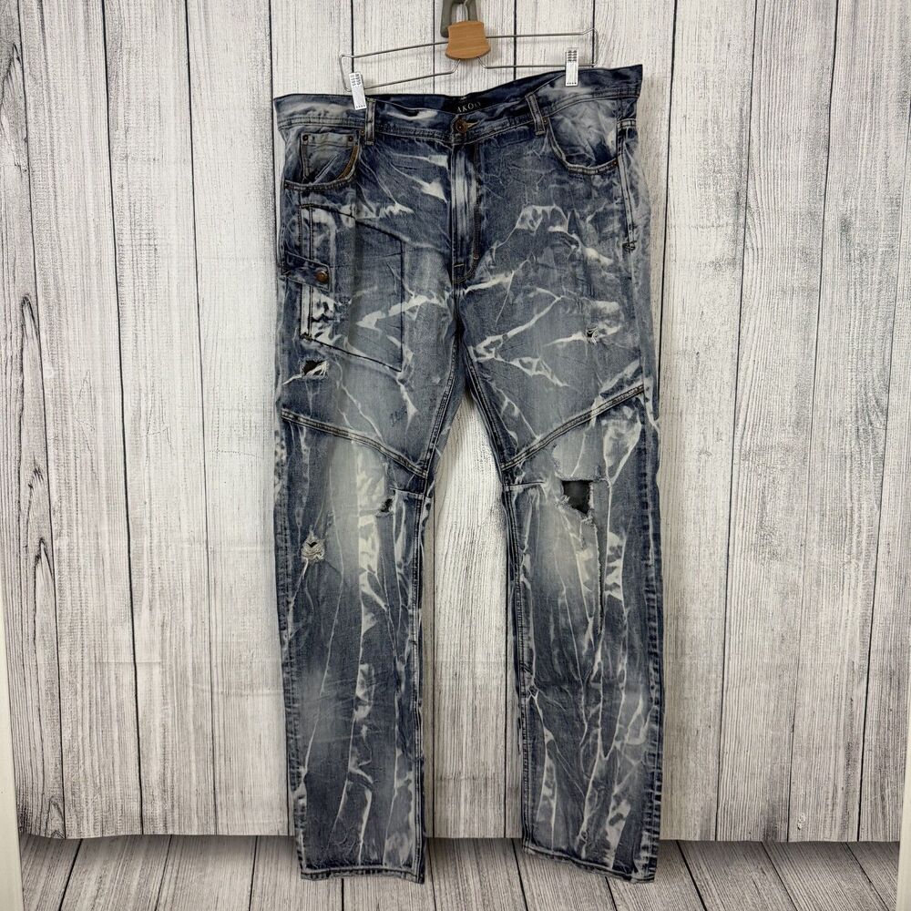 AKOO Men's W42 x L34 Blue Bleached Delinquent Denim Jeans Hip-Hop Y2K Streetwear